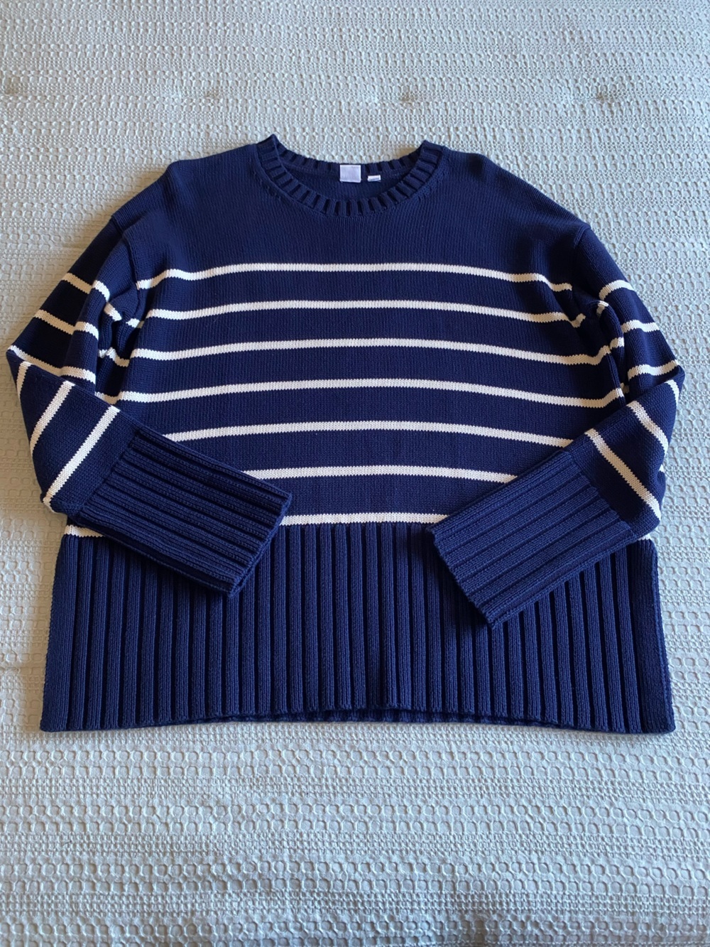 Gap 100% Cotton Split Hem Ribbed Crew Neck Sweater Navy White Stripe size XS